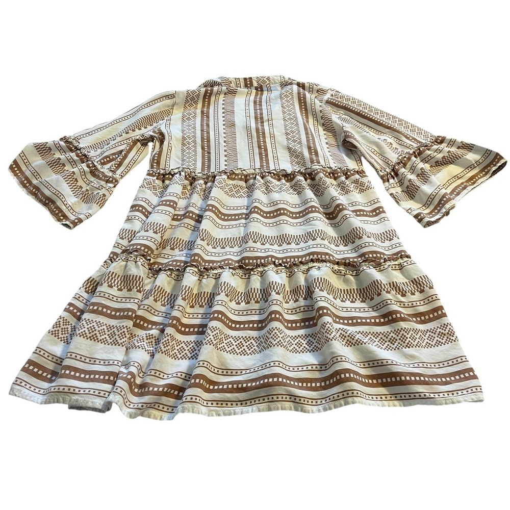 Salty Lemon Boho Tiered Mini Dress Bell Sleeve Babydoll Geometric Stripe Small - Picture 3 of 8